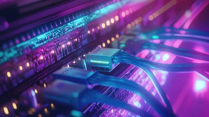 Poster - Close-up of vibrant fiber optic cables connected to a high-tech server, glowing in a futuristic data center
