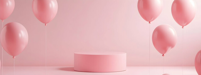 Poster - A pink podium with balloons floating in the air