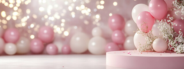 Poster - A pink podium with balloons floating in the air