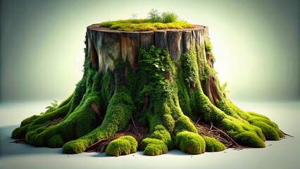 Poster - Lush Green Moss on Rotten Tree Stump Isolated, White Background Stock Photo