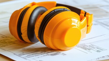 Poster - A heavy-duty ear protection headset resting on a safety instruction manual.