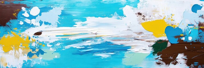 Poster - A vibrant abstract painting featuring bold strokes of blue, yellow, white, and earthy tones, evoking a sense of movement and energy.