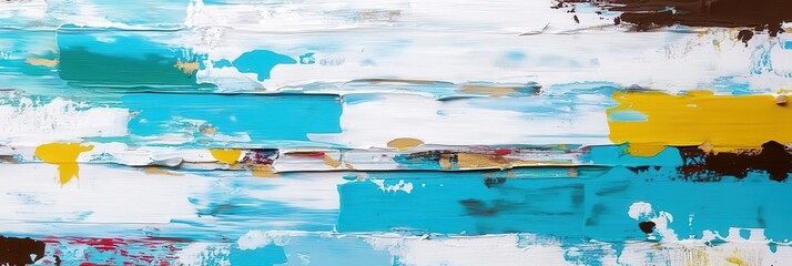 Poster - A vibrant abstract painting featuring bold strokes of turquoise, white, yellow, and brown, creating a dynamic and textured visual experience.