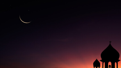 Wall Mural - mosques dome on dark blue twilight sky and crescent moon on background, symbol islamic religion rama