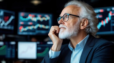 Poster - business professional with white hair and glasses reflects on investment opportunities in a high-tech trading room filled with stock market displays and graphs, showing signs of analysis