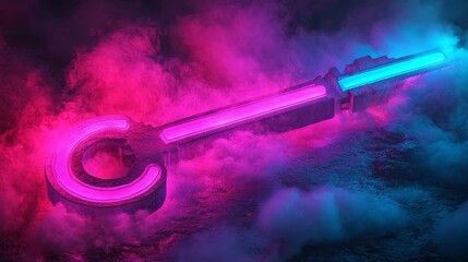 Poster - A 3D render of a pink and blue neon light key icon, symbolizing vibrant colored security technology, set against a black background