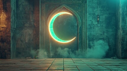 Fototapete - A 3D render of a vibrant, green neon light moon icon, symbolizing technology, set against a black background