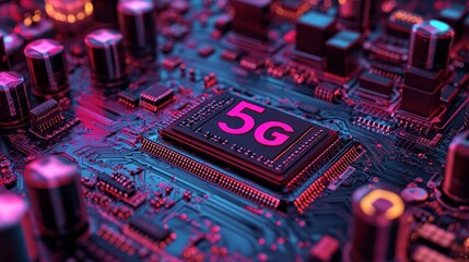 Poster - A 3D render depicts a futuristic motherboard with a microchip featuring the 5G symbol, surrounded by white neon data flowing between the CPU and the user
