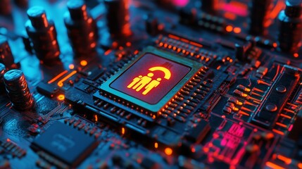Fototapete - A futuristic motherboard is depicted with a clock symbol on a microchip, surrounded by orange neon data flowing between users and the CPU, in a 3D render of the Time Technology Concept