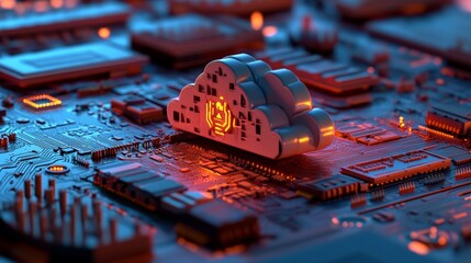 Poster - A futuristic motherboard is depicted with a microchip, featuring a cloud download symbol, surrounded by orange neon data flowing between users and the CPU in a 3D render of a data storage technology