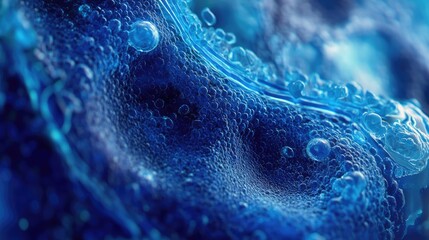 Poster - Close-up view of vibrant blue liquid with bubbles, creating an abstract texture, ideal for backgrounds or designs