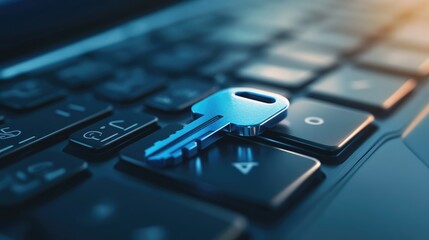 Poster - Close-up of a metallic key resting on a laptop keyboard, symbolizing security and access in a digital environment