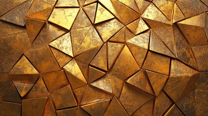 Poster - A luxurious and polished wall background featuring tiles, accompanied by a 3D tile wallpaper that showcases triangular gold blocks, all presented in a 3D render