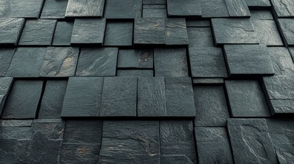 Poster - A concrete wall is formed by arranging square tiles, set against a futuristic semigloss background composed of 3D blocks, as depicted in a 3D render