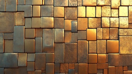 Poster - A wall-shaped arrangement of 3D mosaic tiles in a square pattern, with a background composed of stacked bullion blocks featuring a polished, glossy gold finish, as depicted in a 3D render