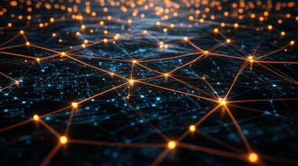 Aufkleber - Abstract digital network visualization with glowing orange nodes interconnected by thin lines on a dark blue background suggesting data flow and connections