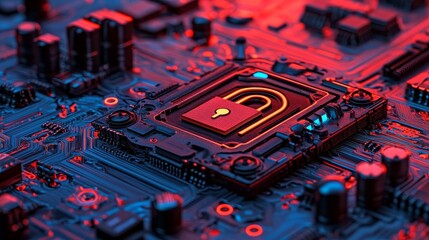 Fototapete - A Microchip features an Information Technology Concept with an info symbol, as data moves from the CPU to a Futuristic Motherboard in a 3D render