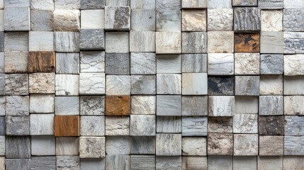 Poster - A Silver wall is formed by arranging 3D Tiles, set against a luxurious Rectangular Background composed of Glossy blocks, as depicted in a 3D Render
