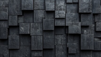 Poster - A black wall is formed by arranging 3D tiles, set against a semigloss, futuristic background composed of square blocks, created as a 3D render