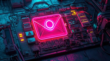 Fototapete - A neon-lit envelope symbol represents a Pink and Blue Email Technology Concept, set against a black background with a futuristic floor in a 3D rendering