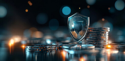 Fototapete - Silver coins are stacked on a table, reflecting soft lights. In the foreground, a shiny shield symbolizes security and privacy in banking.