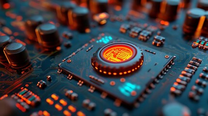 Fototapete - Activate Technology Concept with power symbol on a Microchip, where Orange Neon Data flows between the CPU and the User across a Futuristic Motherboard, as shown in a 3D render