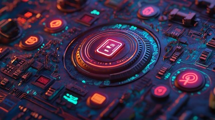 Fototapete - Activate Technology Concept with power symbol on a Microchip, where White Neon Data flows between Users and the CPU across a Futuristic Motherboard in a 3D render