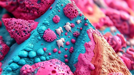 Poster - A futuristic surface adorned with neon lights and triangular pyramids, illuminated in blue and pink hues, forming a geometric 3D banner