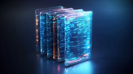 Aufkleber - Stunning digital rende of translucent glowing data blocks with blue and orange circuitry reflecting on surface against a dark background design concept