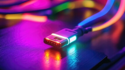 Poster - A vibrant USB cable connector illuminated by colorful neon lights on a reflective surface, showcasing modern technology