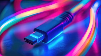 Poster - Close-up of a glowing USB cable intertwined with vibrant neon lights on a reflective surface