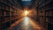 © jiko - Ancient library aisle bathed in sunlight, bookshelves, scholarly atmosphere