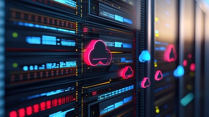Poster - Close-up of a vibrant server rack showcasing illuminated red and blue lights with cloud icons representing cloud computing and modern data storage solutions