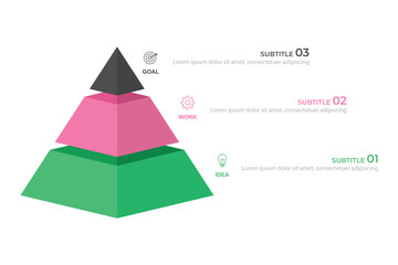 Poster - Triangle pyramid chart template with three colorful steps. Infographic diagram divided into three options with numbers.