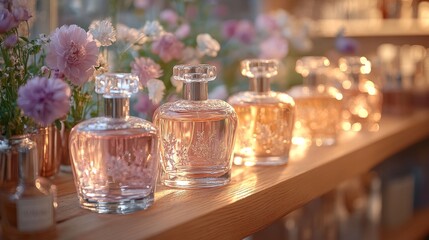 Aufkleber - Beautifully crafted crystal perfume bottles line a wooden shelf, illuminated by soft light. Fresh flowers in pastel hues create a serene atmosphere in a boutique.