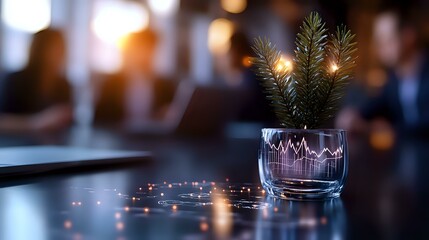 Poster - Glass with pine branch and stock market chart pattern on blurred business background with glowing lights and reflective surface, financial concept.