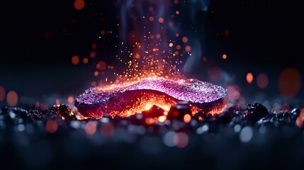 Poster - Magical glowing abstract shape with sparkling particles and bokeh effects floating above dark surface, illuminated by warm orange and purple light in mystical atmosphere.