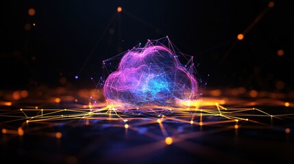 Aufkleber - Abstract Digital Rende of a Cloud-Shaped Network Node with Glowing Lights in Pink, Purple, and Blue on an Interconnected Network Structure