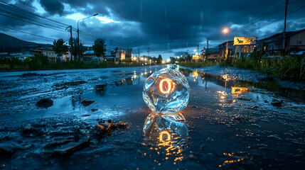 illuminated sphere reflecting in a rain-filled puddle on an urban street at night