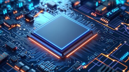 Poster - Close-up view of a vibrant CPU chip with intricate circuit board pathways, illuminated by a stunning blend of blue and orange light effects for tech imagery