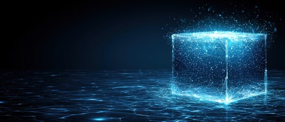 Poster - Luminous Cube on Digital Waters: An Abstract Digital Art Piece