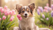 © NARUMOL - playful puppy holds pink flower in its mouth, surrounded by colorful tulips and blooming flowers, creating cheerful spring scene