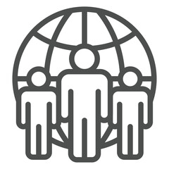 Fototapete - People crowd at world globe line icon, community concept. Vector graphics. Worldwide teamwork sign on white background, outline style icon for mobile or web design.