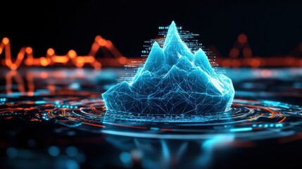 Aufkleber - A Glowing Blue Digital Mountain Range on a Circular Technological Interface Set Against Blurred Orange Graphs and a Dark Background for Futuristic Themes