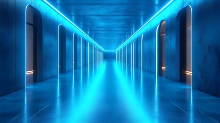 Wall Mural - a long blue hallway with a blue light shining down on it
