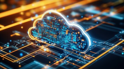 Poster - A glowing blue and orange cloud symbol made of binary code rests on an illuminated circuit board showcasing the future of cloud computing technology and data