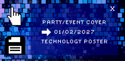 Aufkleber - Vector illustration with scattered blue pixels on dark background. Technology-themed poster or cover for an event.