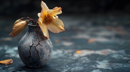 Poster - Elegant Yellow Flower in Cracked Vase on Rustic Surface Background