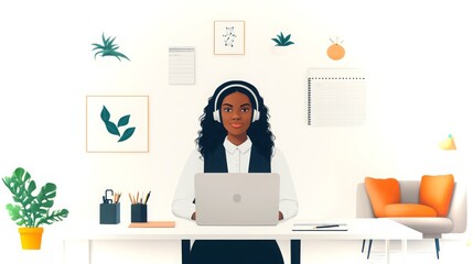 Poster - Young woman working on laptop in modern workspace with plants and decorative items
