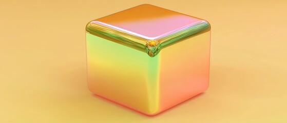 Poster - Iridescent Cube on Yellow Background: A Study in Minimalist Geometry and Chromatic Shimmer